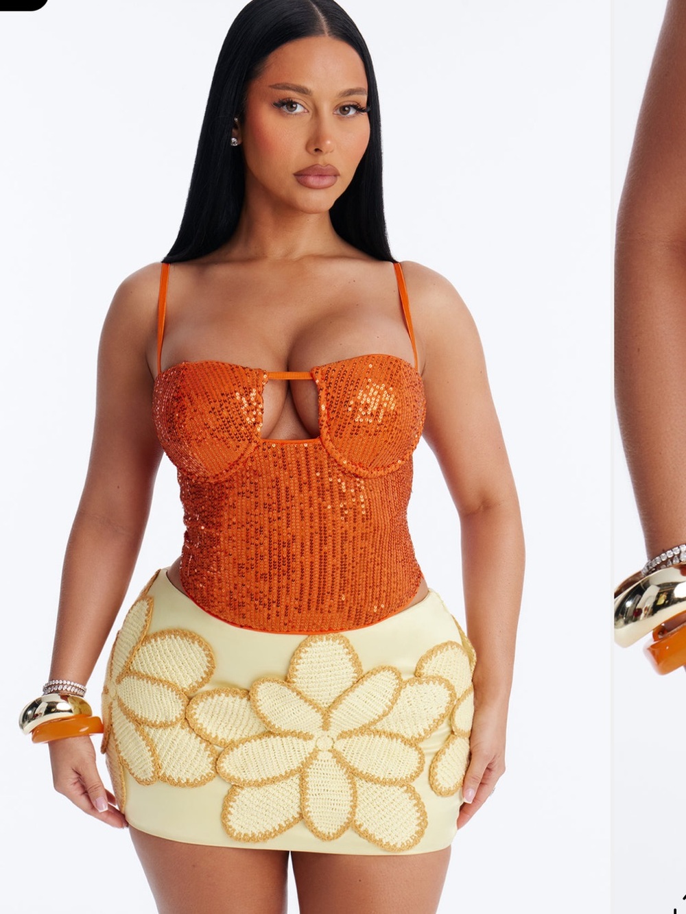 Fashion Nova Orange Sequin Bustier Top with Cream Floral Mini Skirt Set